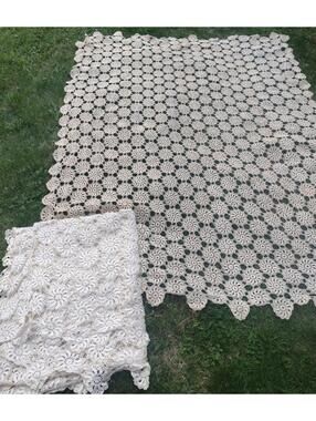2 VTG 30s Hand Crochet Lace Textile Bedspread Curtains 102x96 90x74 Cottagecore